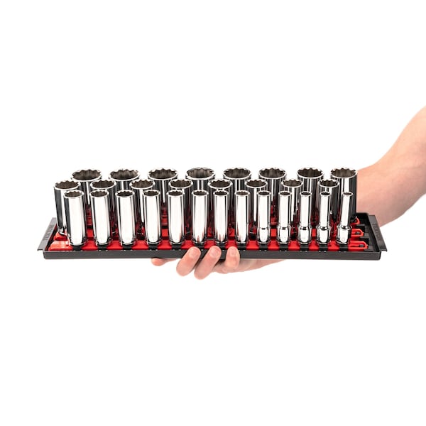 1/2 Inch Drive Deep 12-Point Socket Set With Rails, 29-Piece (10-38 Mm)